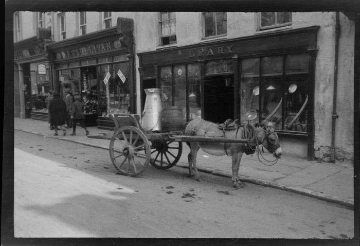 Street scene, with donkey and cart outside of shop, Killarney, County Kerry, Ireland