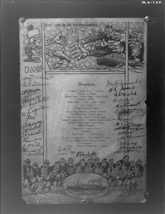 All Blacks, New Zealand representative rugby union team, 1924 tour of Canada, autographed breakfast menu from The SS Montlaurier