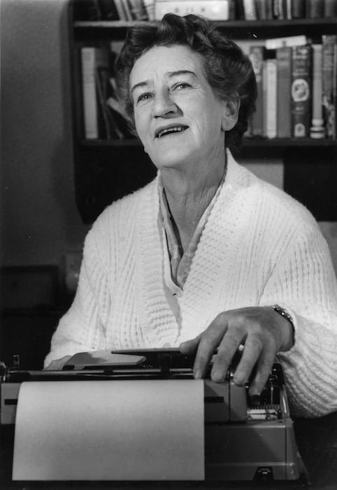 Photograph of Sylvia Ashton-Warner sitting at her typewriter