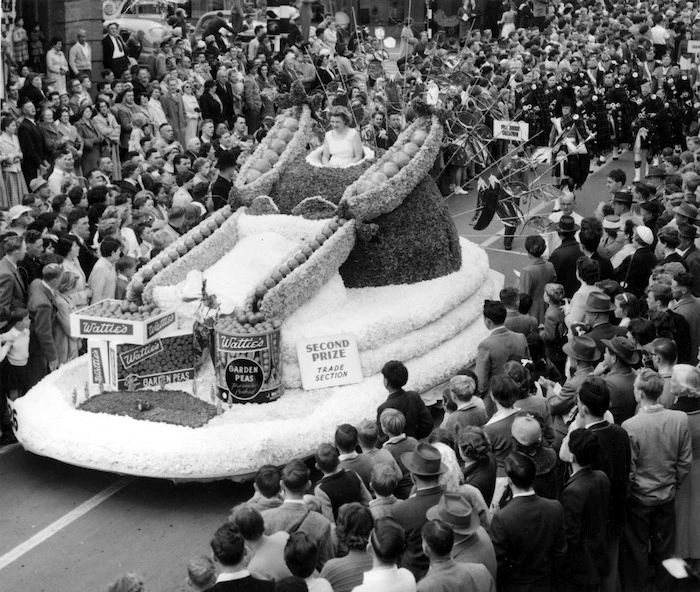 J Wattie Canneries Ltd's garden peas float, during the Hastings Blossom Festival parade