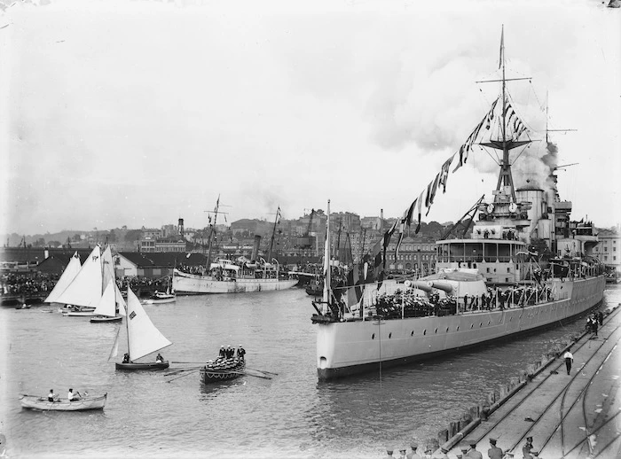 Battlecruiser HMS Renown in Waitemata Harbour, Auckland, during the visit of the Prince of Wales