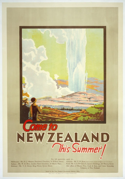 King, Marcus, 1891-1983: Come to New Zealand this summer! Issued by the New Zealand Government Publicity Office. Wholly printed in New Zealand by W A G Skinner, Government Printer. [1930-1935]