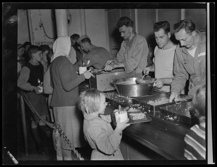 Polish refugees being served a meal, at children's refugee camp, Pahiatua