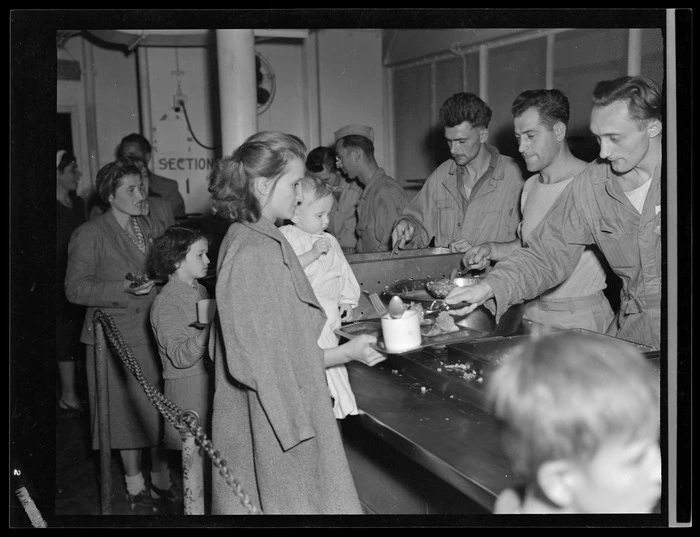 Polish refugees being served a meal, at Polish children's refugee camp, Pahiatua