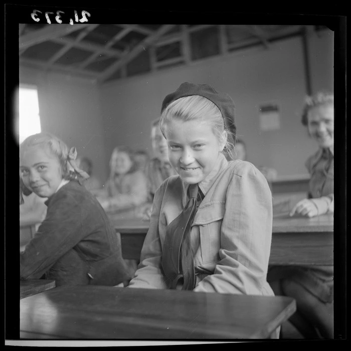 Female pupil in a classroom at a Polish refugee camp, Pahiatua