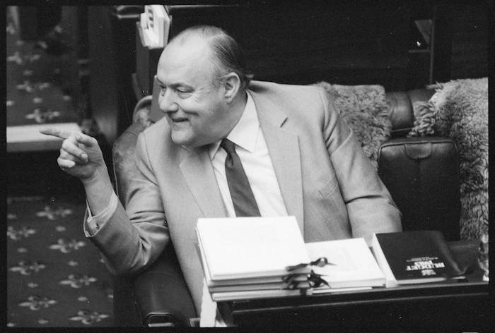 New Zealand Prime Minister, Robert Muldoon, reading the budget