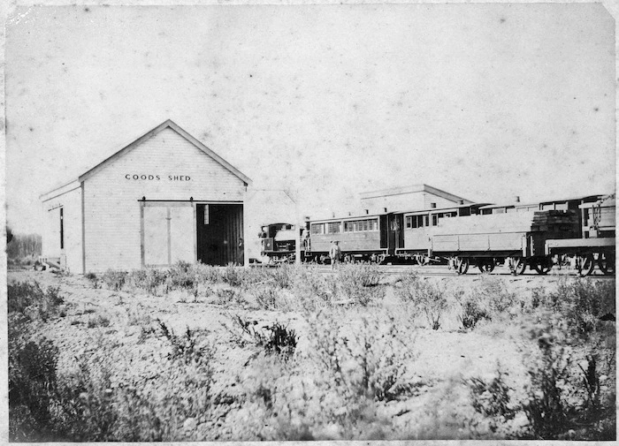 Railway goods shed and trains, Rangitikei region