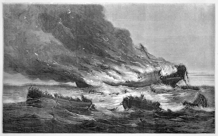 Calvert, Samuel, ca 1828-1913 :The burning of the emigrant ship Cospatrick off the Cape of Good Hope [1874]. Auckland, Illustrated New Zealand herald.