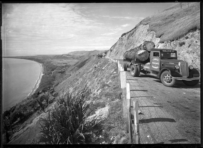 Timber truck on Hill Road, Paekakariki, Wellington