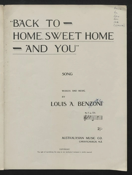Back to home, sweet home - and you / words and music by Louis A. Benzoni ; arr. by R. Aymond [i.e. Raymond] Hope.