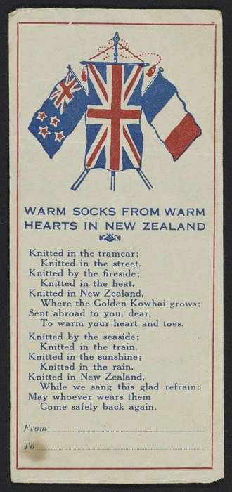 Artist unknown :Warm socks from warm hearts in New Zealand [Flier. ca 1940]