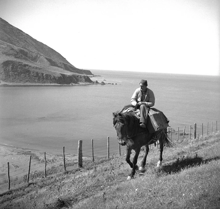 Mail man on horseback, Oteranga Bay, Wellington