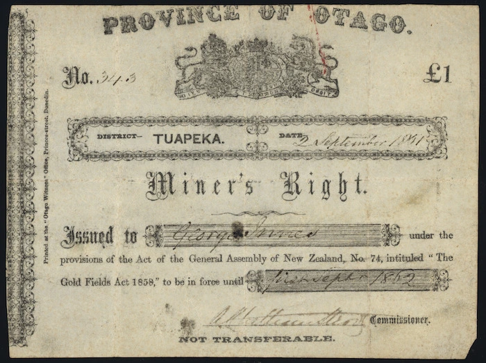 Certificate of Miner's Right to Tuapeka Goldfield