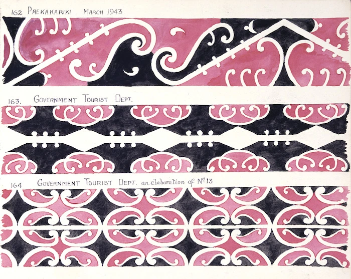 Godber, Albert Percy, 1876-1949 :[Drawings of Maori rafter patterns]. 162. Paekakariki. March 1943; 163. Government Tourist Dept; 164. Government Tourist Dept. an elaboration of No 13. [1943].