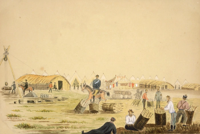 Hamley, Joseph Osbertus, 1820-1911 :Soldiers making gabions, Pukerimu, Waikato [April? 1864]