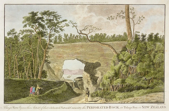Sporing, Herman, Dietrich, ca 1730-1771 :A larger view (by another artist) of that celebrated curiosity, the perforated rock in Tolaga Bay, in New Zealand. Sibelius sculp. London ; Alexr Hogg [1784?]