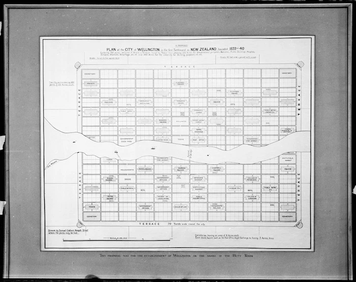 New Zealand Company :A proposed plan of the city of Wellington in the first settlement in New Zealand, founded 1839-40 [copy of ms map]. Drawn by Samuel Cobham, Newgate Street, [London]. [n.d.]