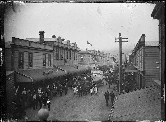 Procession in Jackson Street, Petone, celebrating the end of the South African War