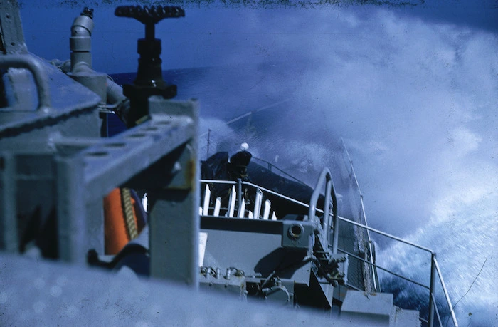 View from the bridge of USS Peterson into a 50 knot gale