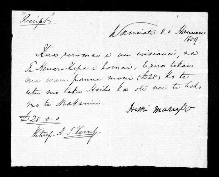 Receipt from Mihi Marupo to Henry T Kemp