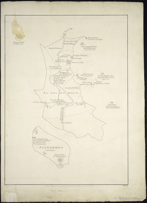 New Zealand Department of Internal Affairs Centennial Publications Branch :Tuki's map [copy of ms map]. [ca.1940]. Originally by Tuki Te Terenui Whare Pirau, b. 1769?