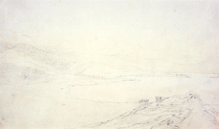 Brees, Samuel Charles, 1810-1865 :[Sketch of Porirua / Paremata whaling station. 1843?]