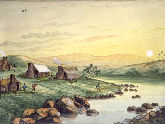 Backhouse, John Philemon, 1845-1908 :[Miners' or gumdiggers' huts beside a river. 1880 or 1881]