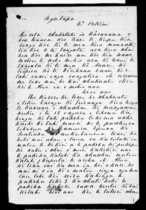 Letter from Te Kooti Te Turuki to Karanama