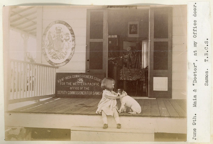 Maia Cusack Smith and a dog, Samoa