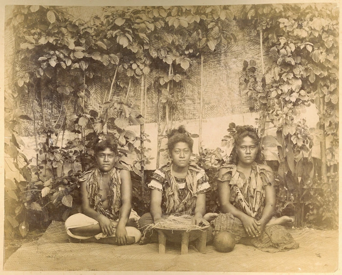 Three Samoan women preparing to make kava