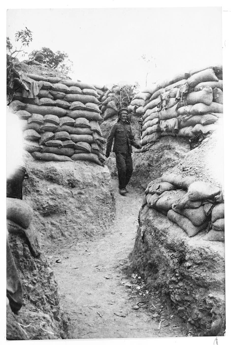 Lieutenant Beetham at the entrance to the trenches on Walkers Ridge, Gallipoli Peninsula, Turkey, during World War I