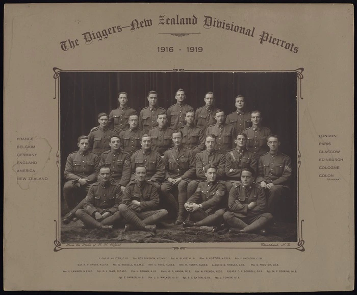 Henry, Herbert, 1891-1949 :Photographic group portrait of The Diggers, New Zealand Divisional Pierrots 1916-1919