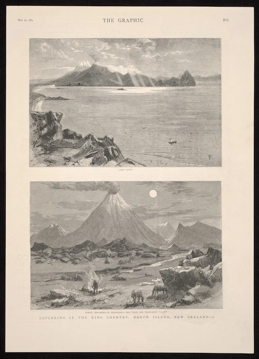 Artist unknown :Exploring in the King Country, North Island, New Zealand - I. Lake Taupo / TG [sc.]; Mount Tongariro by moonlight - seen from the Waihohonu Valley. The Graphic, May 24, 1884, [page] 513