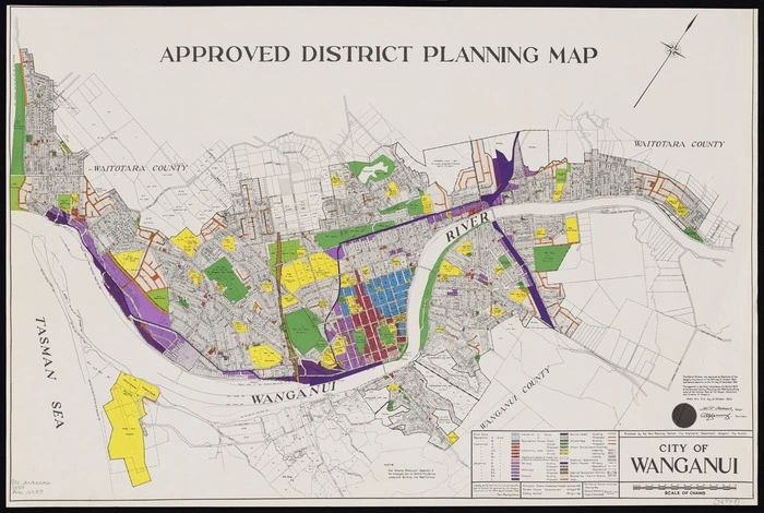 Wanganui City Council :City of Wanganui. Approved district planning map [copy of ms map]. Prepared by the Town Planning Section, City Engineer's Department, Wanganui City Council. 1963.