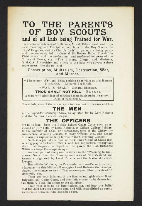 Gregory, T C, d 1914 :To the parents of boy scouts and of all lads being trained for war ... warning to emigrants, no. 12 - New Zealand. Published by T C Gregory, 5a St James' Square, Bristol, July 20th 1912.