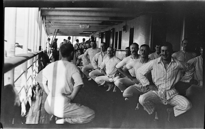 Officers exercising on a transport ship