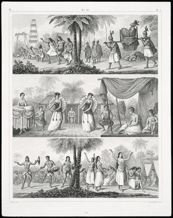Artist unknown :[New Zealand and Pacific peoples; vertical triptych]. G Heck dir.t; Henry Winkles sculpt. IV. B. 5, Taf. 38 [page] 511. [ca 1849-1860]