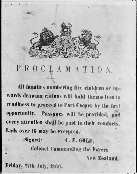 Proclamation for civil evacuation of New Plymouth during the New Zealand Wars
