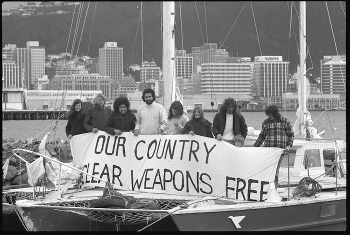 CANWAR protesters on a yacht in Wellington Harbour, protesting against the entrance of American nuclear warships into Wellington