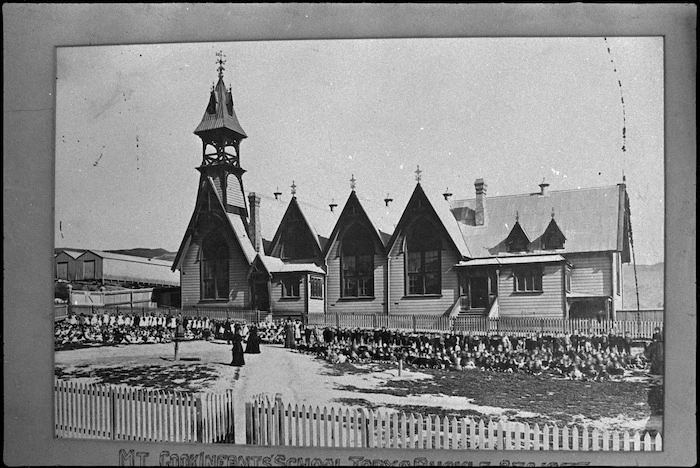 Pupils and teachers outside Mount Cook Infant School, Wellington
