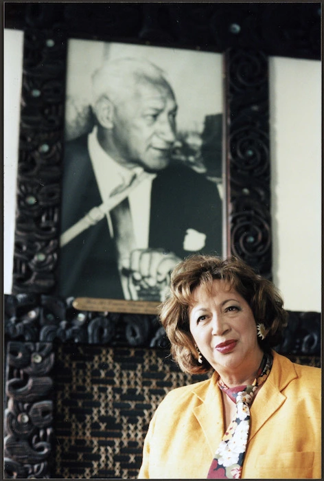 Whetu Tirikatene-Sullivan beneath a portrait of her father - Photograph taken by Ray Pigney