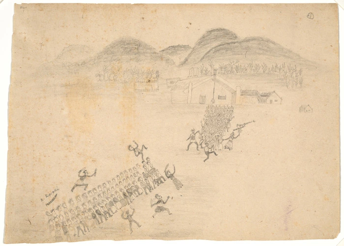 [Artist unknown] :[Sketches of a Maori muru at Parawera; the marauding party being greeted by a war dance by the Parawera Tribe. Between 1860 and 1890?]