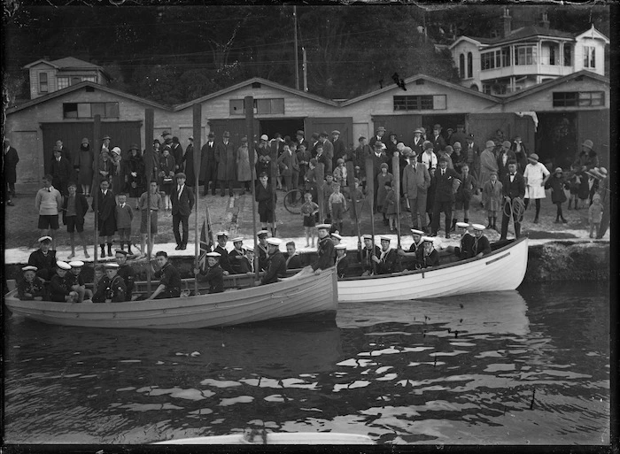 Wellington City Mission sea scouts in row boats at the boat harbour, Oriental Bay, Wellington