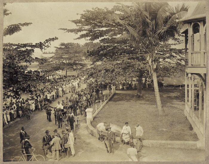 Scene at the Courthouse, Apia, Western Samoa, during the ceremony for the raising of the Union Jack