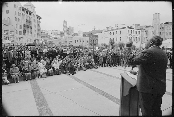 Prime Minister Norman Kirk speaking in Civic Square, Wellington