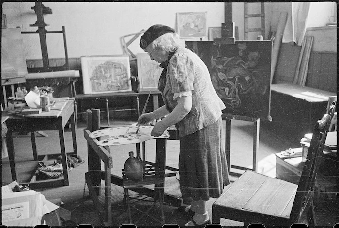 Frances Hodgkins at work in her studio, Corfe Castle village, Dorset