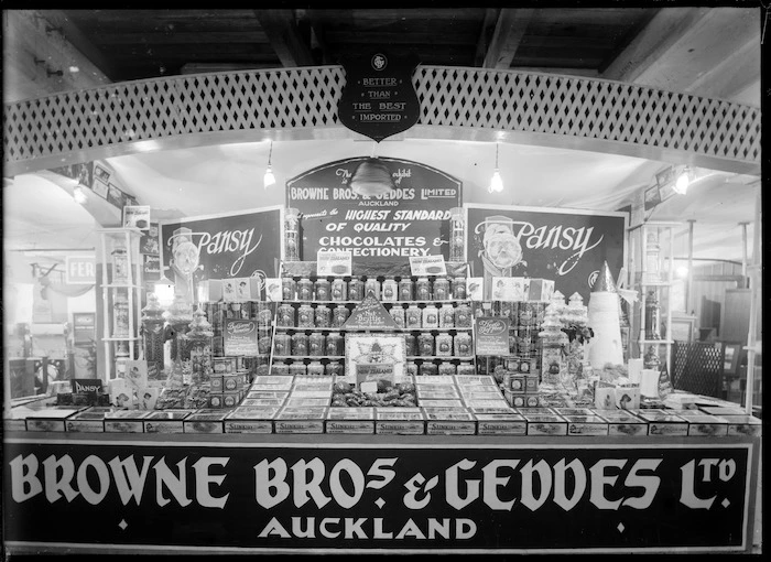 Stall at a trade fair advertising and displaying the produce of Browne Brothers & Geddes, wholesale manufacturing confectioners