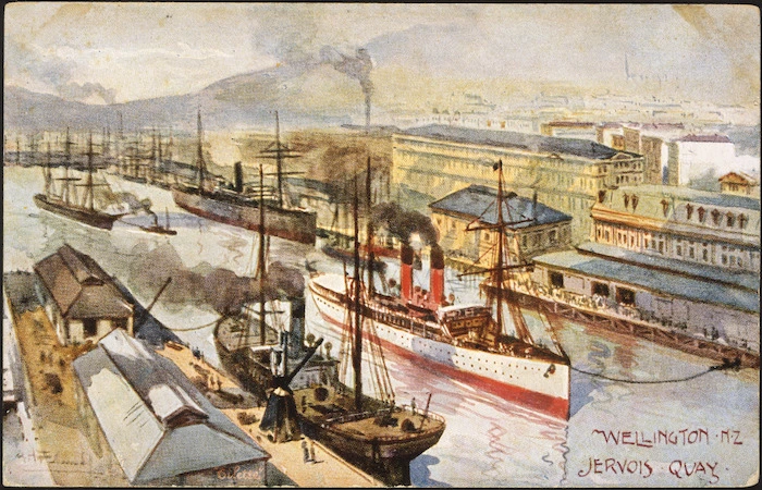Fullwood, Albert Henry, 1863-1930 :Wellington, N.Z. Jervois Quay. Raphael Tuck & Sons. "Oilette" Postcard 7334. [ca 1900].
