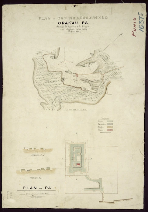 Anderson, Robert S., fl. 1864 :Plan of ground surrounding Orakau Pa. Plan of pa [ms map]. Shewing the disposition of the troops under Brigadier General Carey, 2d April, 1864. Robert S. Anderson, draughtsman, 1864.