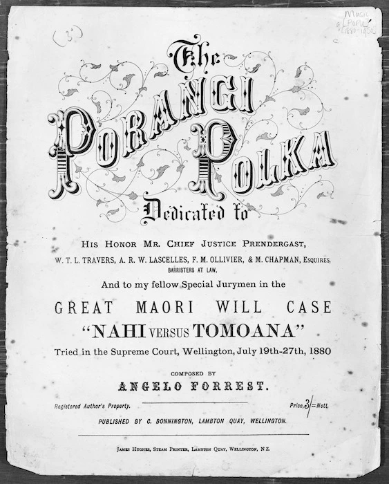 Title page to The Porangi Polka music score, composed by Angelo Forrest